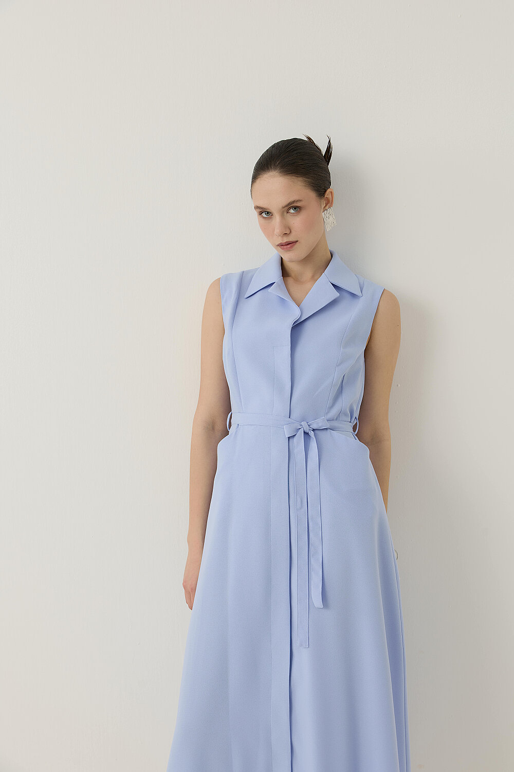 KREP KOLSUZ ELBİSE MAVİ - 7