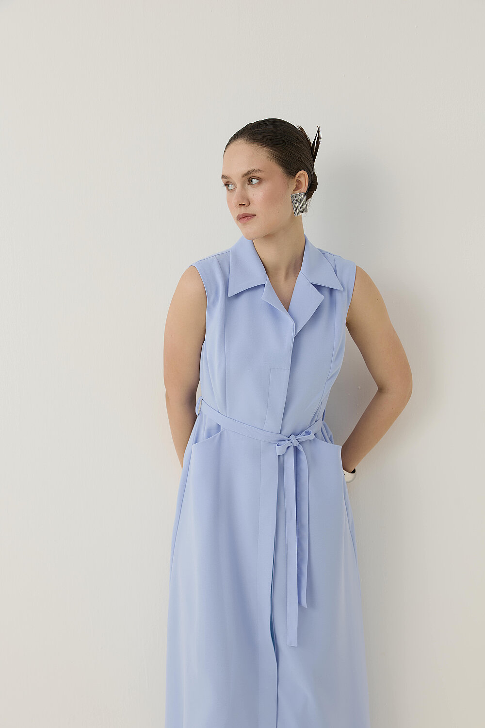 KREP KOLSUZ ELBİSE MAVİ - 6