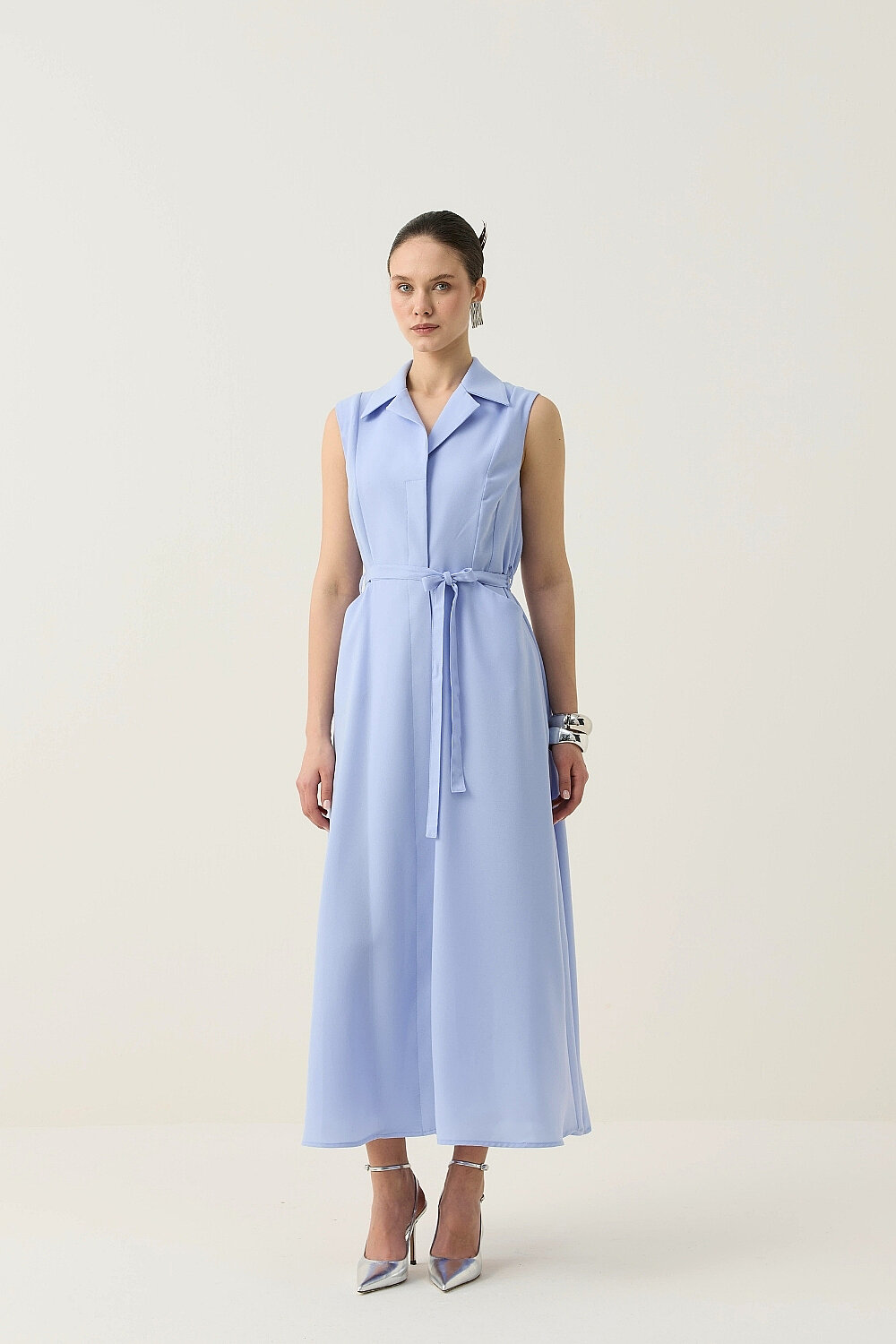 KREP KOLSUZ ELBİSE MAVİ - 1