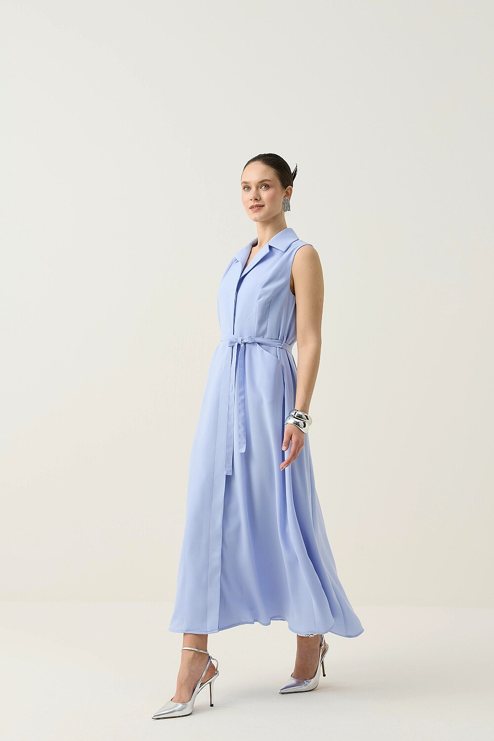 KREP KOLSUZ ELBİSE MAVİ - 8