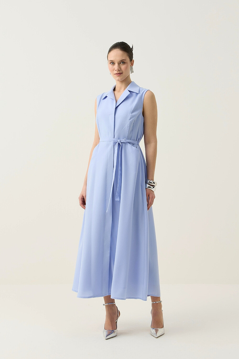 KREP KOLSUZ ELBİSE MAVİ - 3