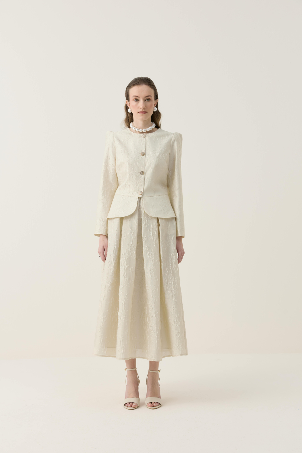 KRİSTAL DÜĞME DETAYLI JAKAR CEKET ETEK TAKIM EKRU - 2