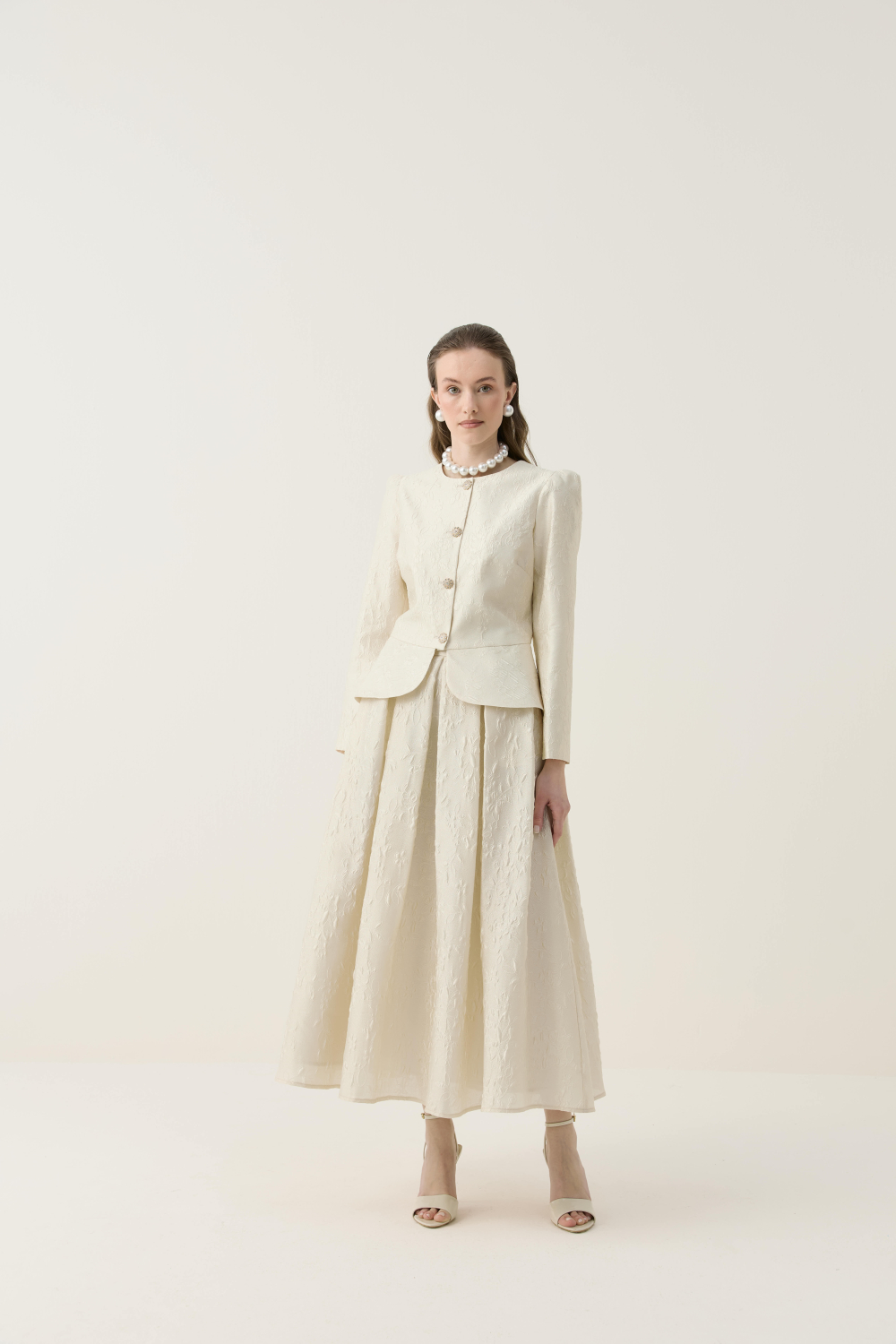 KRİSTAL DÜĞME DETAYLI JAKAR CEKET ETEK TAKIM EKRU - 3