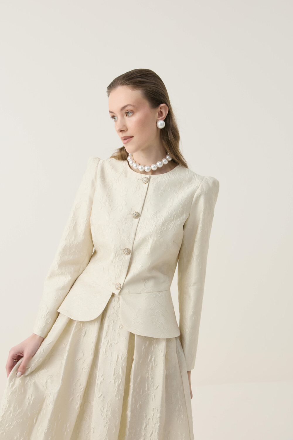 KRİSTAL DÜĞME DETAYLI JAKAR CEKET ETEK TAKIM EKRU - 5