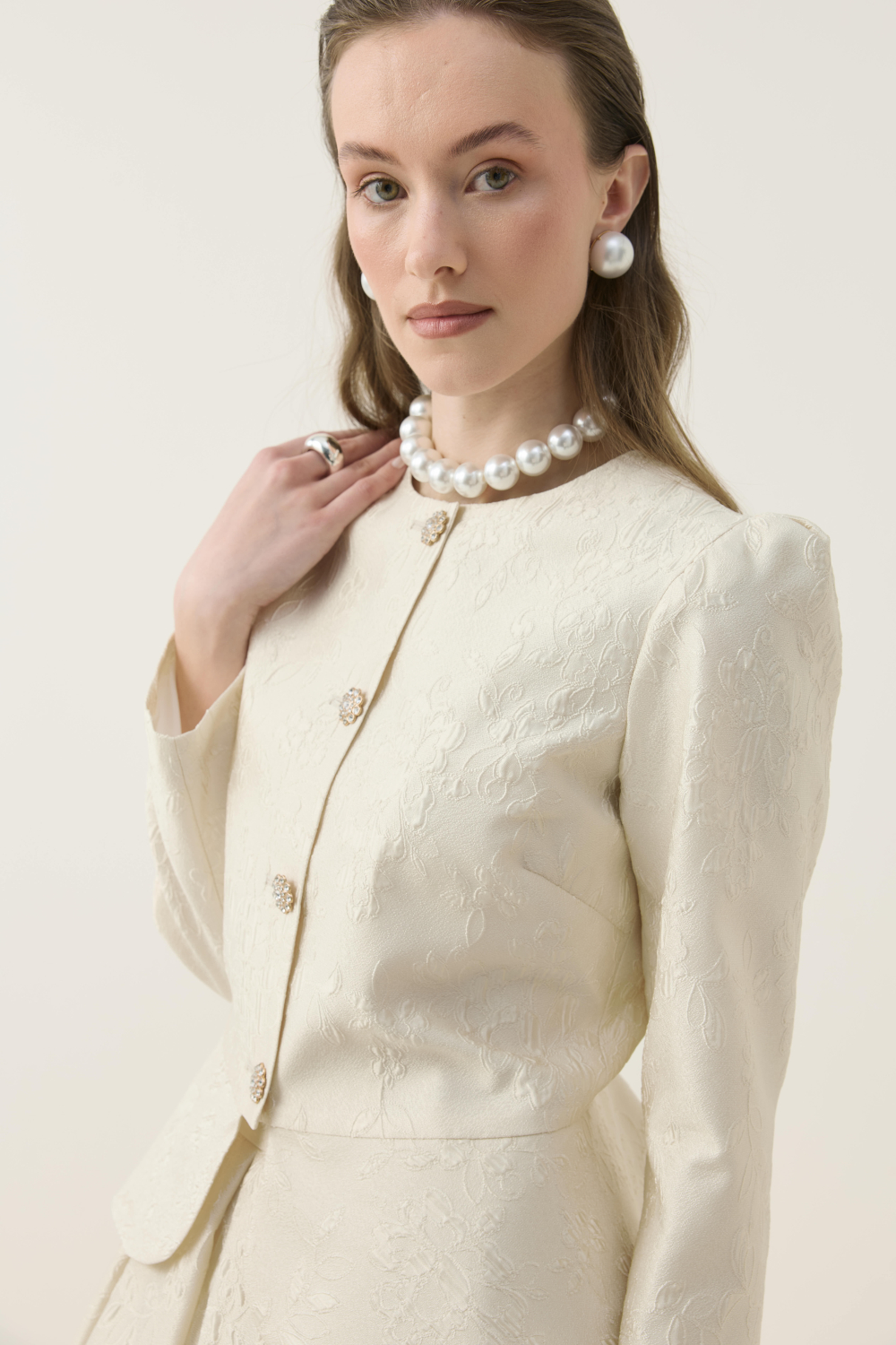 KRİSTAL DÜĞME DETAYLI JAKAR CEKET ETEK TAKIM EKRU - 6