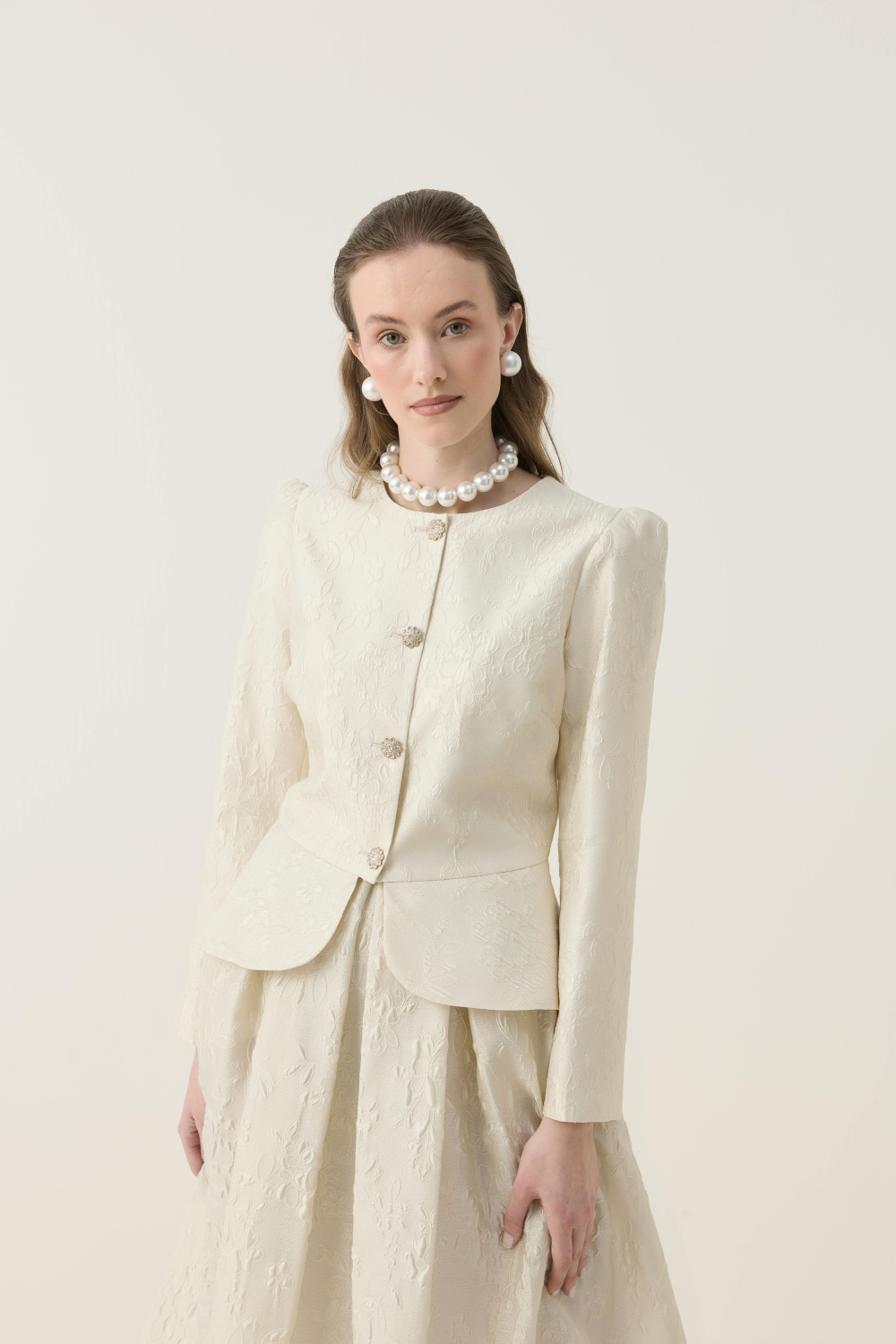 KRİSTAL DÜĞME DETAYLI JAKAR CEKET ETEK TAKIM EKRU - 7