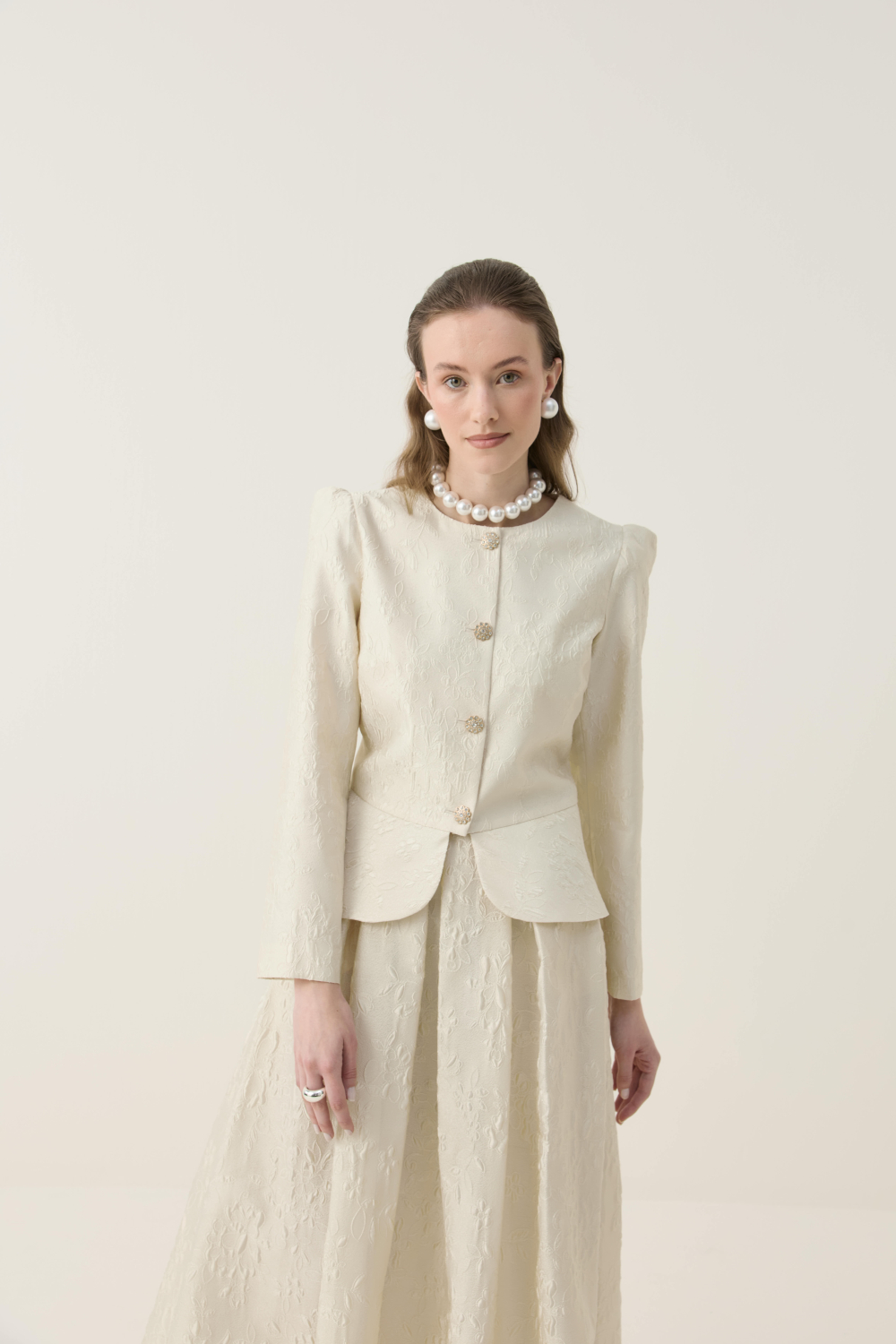 KRİSTAL DÜĞME DETAYLI JAKAR CEKET ETEK TAKIM EKRU - 8