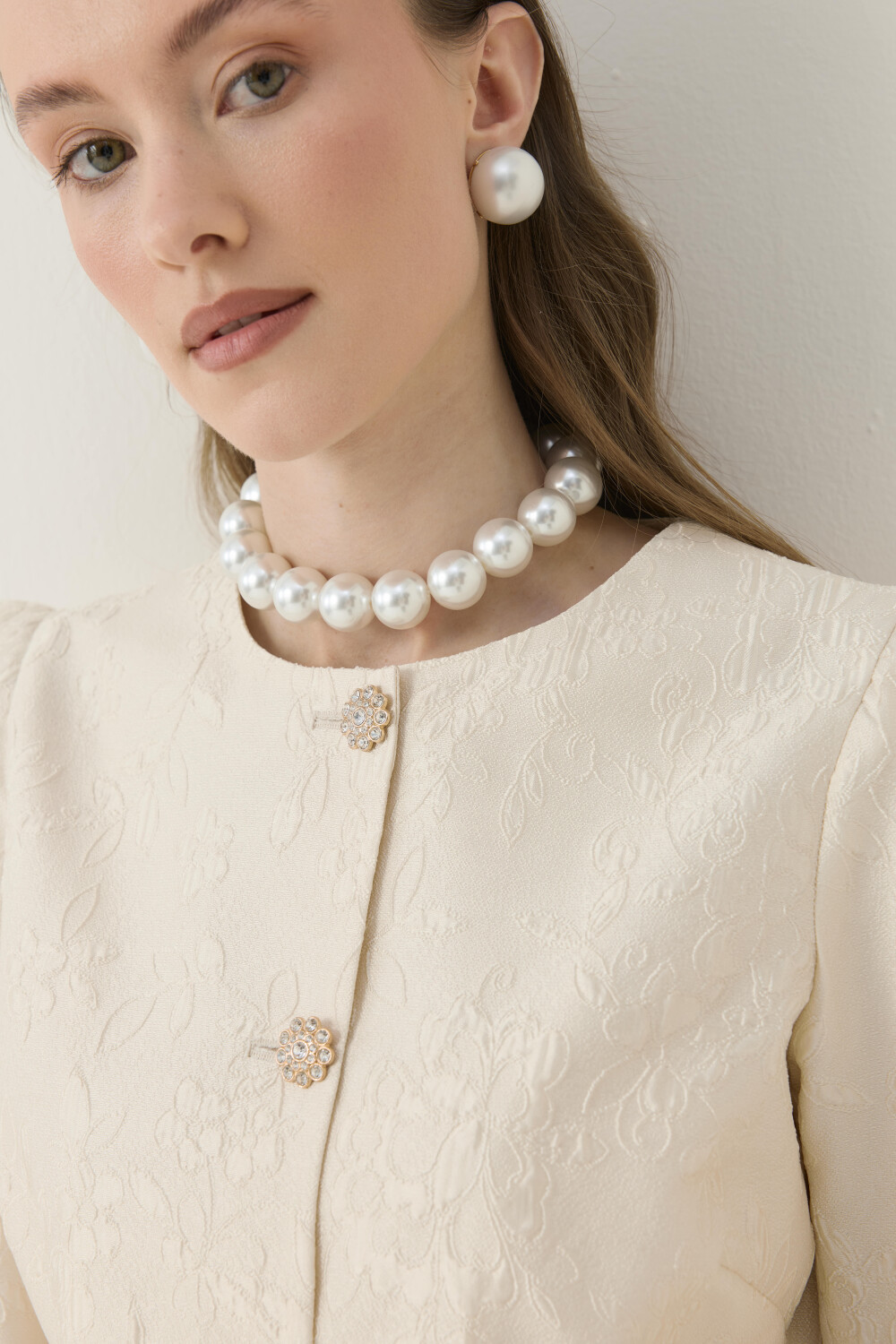 KRİSTAL DÜĞME DETAYLI JAKAR CEKET ETEK TAKIM EKRU - 11