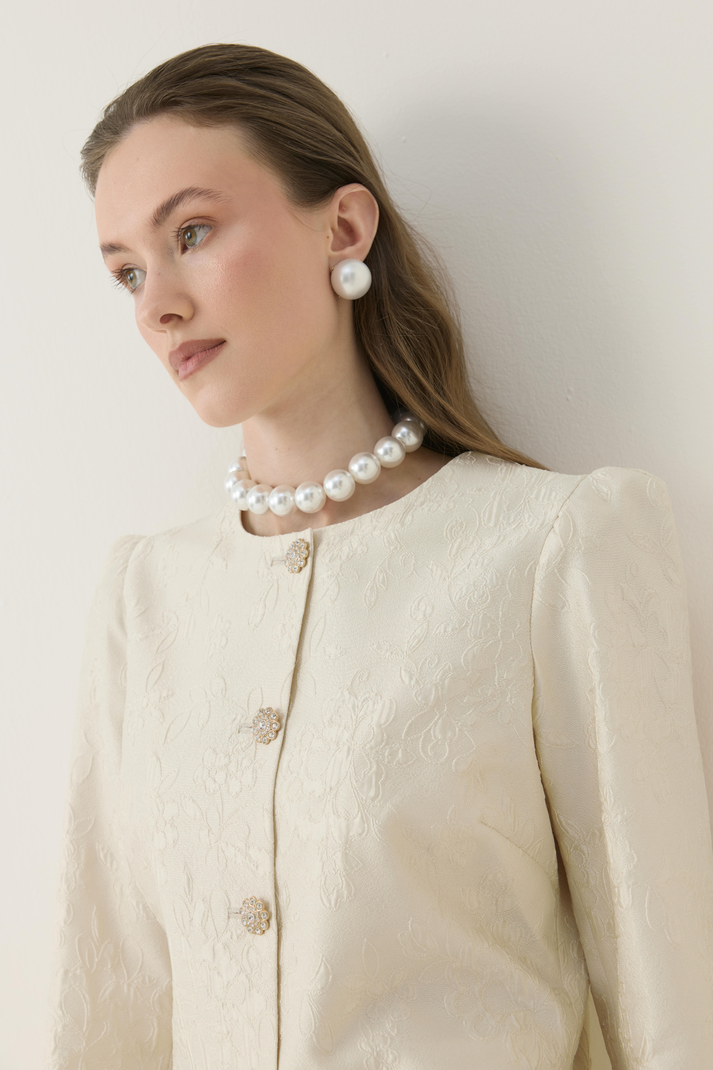 KRİSTAL DÜĞME DETAYLI JAKAR CEKET ETEK TAKIM EKRU - 12