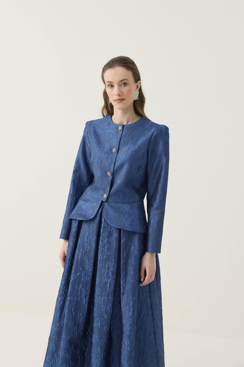 KRİSTAL DÜĞME DETAYLI JAKAR CEKET ETEK TAKIM LACİVERT - 6