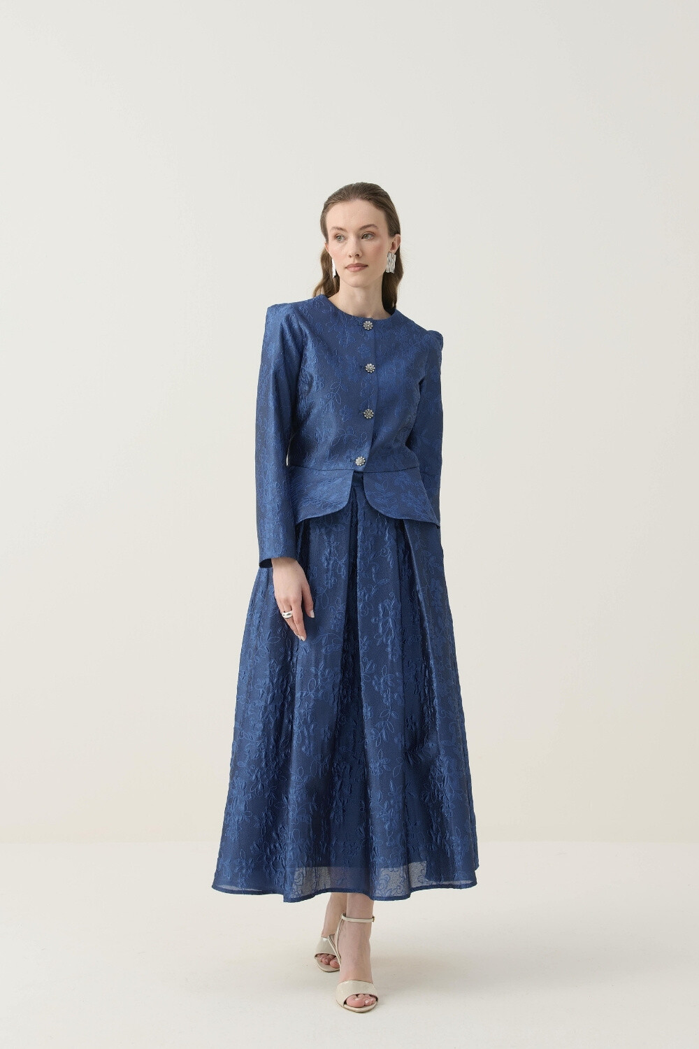 KRİSTAL DÜĞME DETAYLI JAKAR CEKET ETEK TAKIM LACİVERT - 8