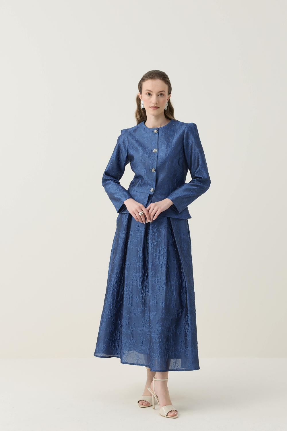 KRİSTAL DÜĞME DETAYLI JAKAR CEKET ETEK TAKIM LACİVERT - 9