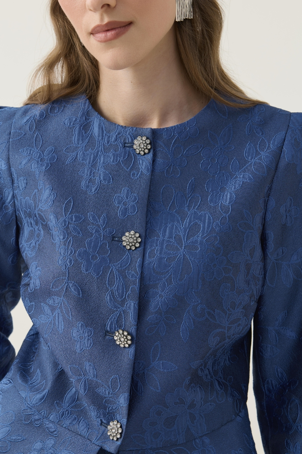 KRİSTAL DÜĞME DETAYLI JAKAR CEKET ETEK TAKIM LACİVERT - 3