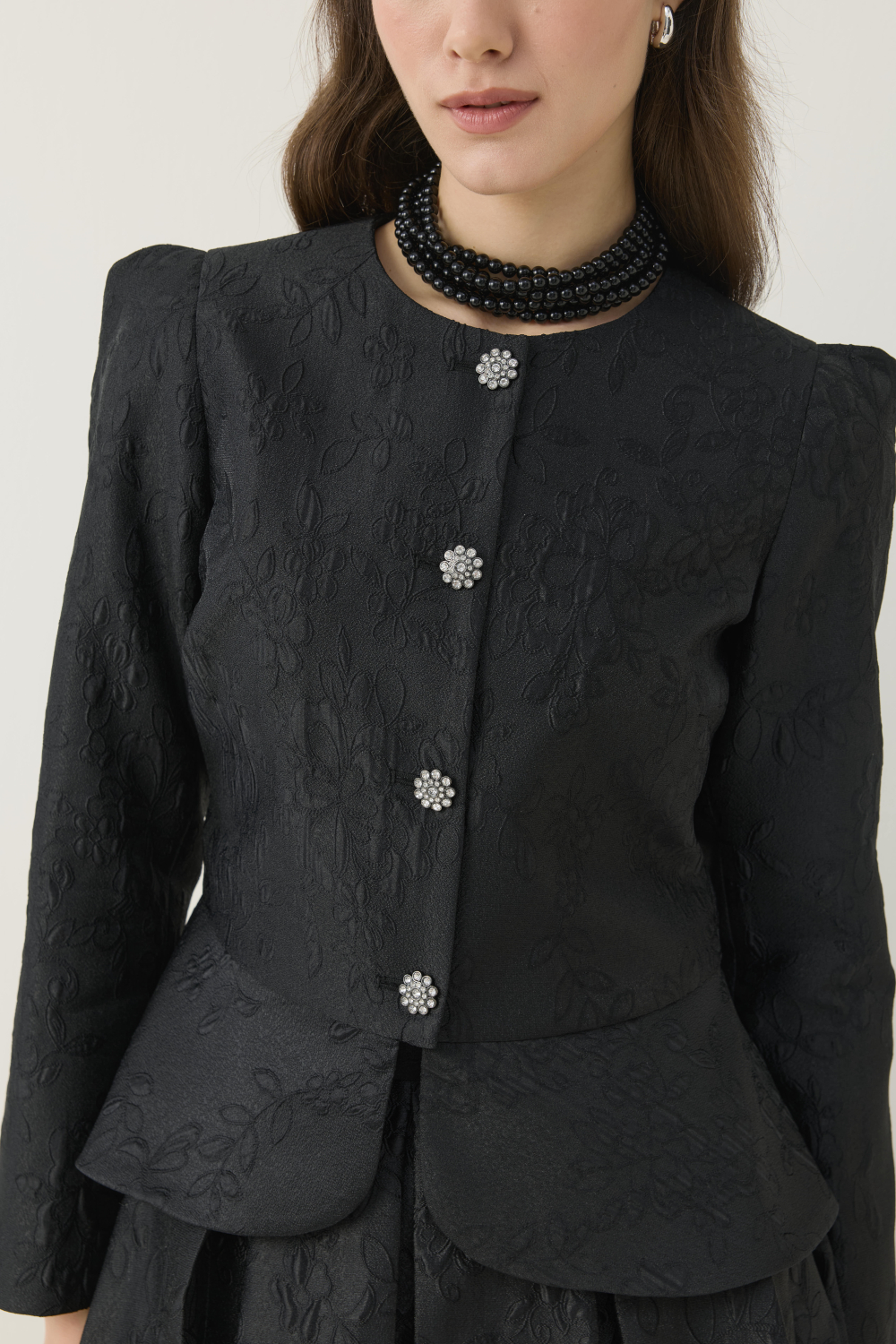 KRİSTAL DÜĞME DETAYLI JAKAR CEKET ETEK TAKIM SİYAH - 2