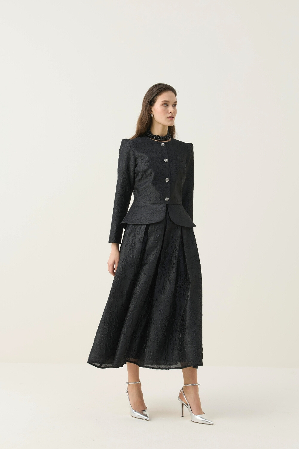 KRİSTAL DÜĞME DETAYLI JAKAR CEKET ETEK TAKIM SİYAH - 3