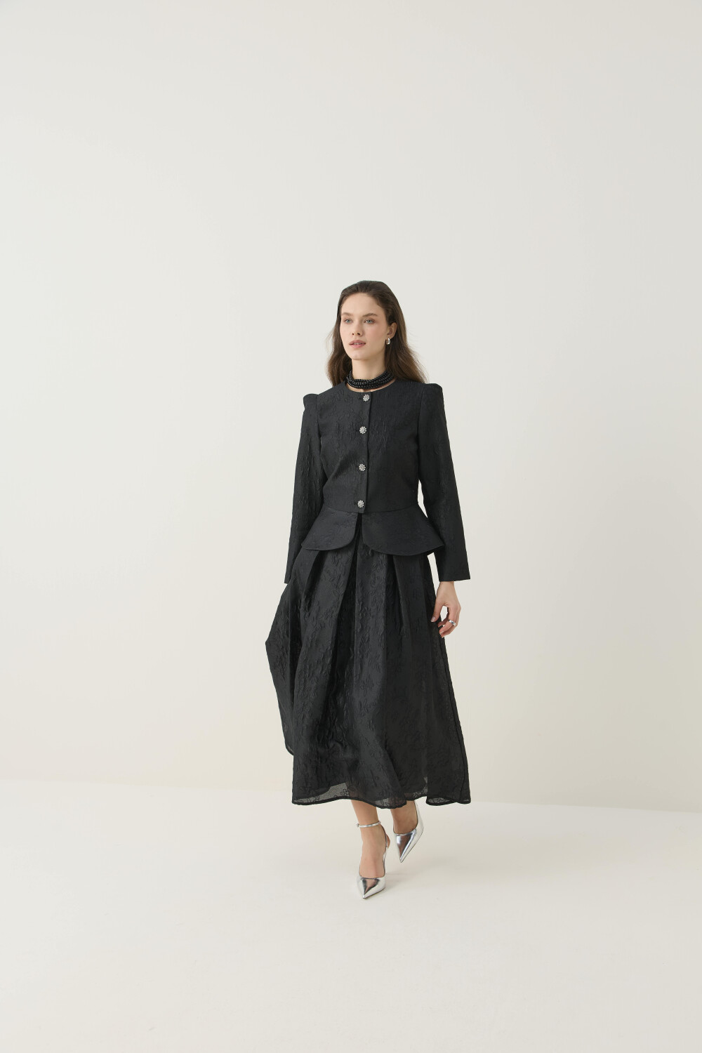 KRİSTAL DÜĞME DETAYLI JAKAR CEKET ETEK TAKIM SİYAH - 5