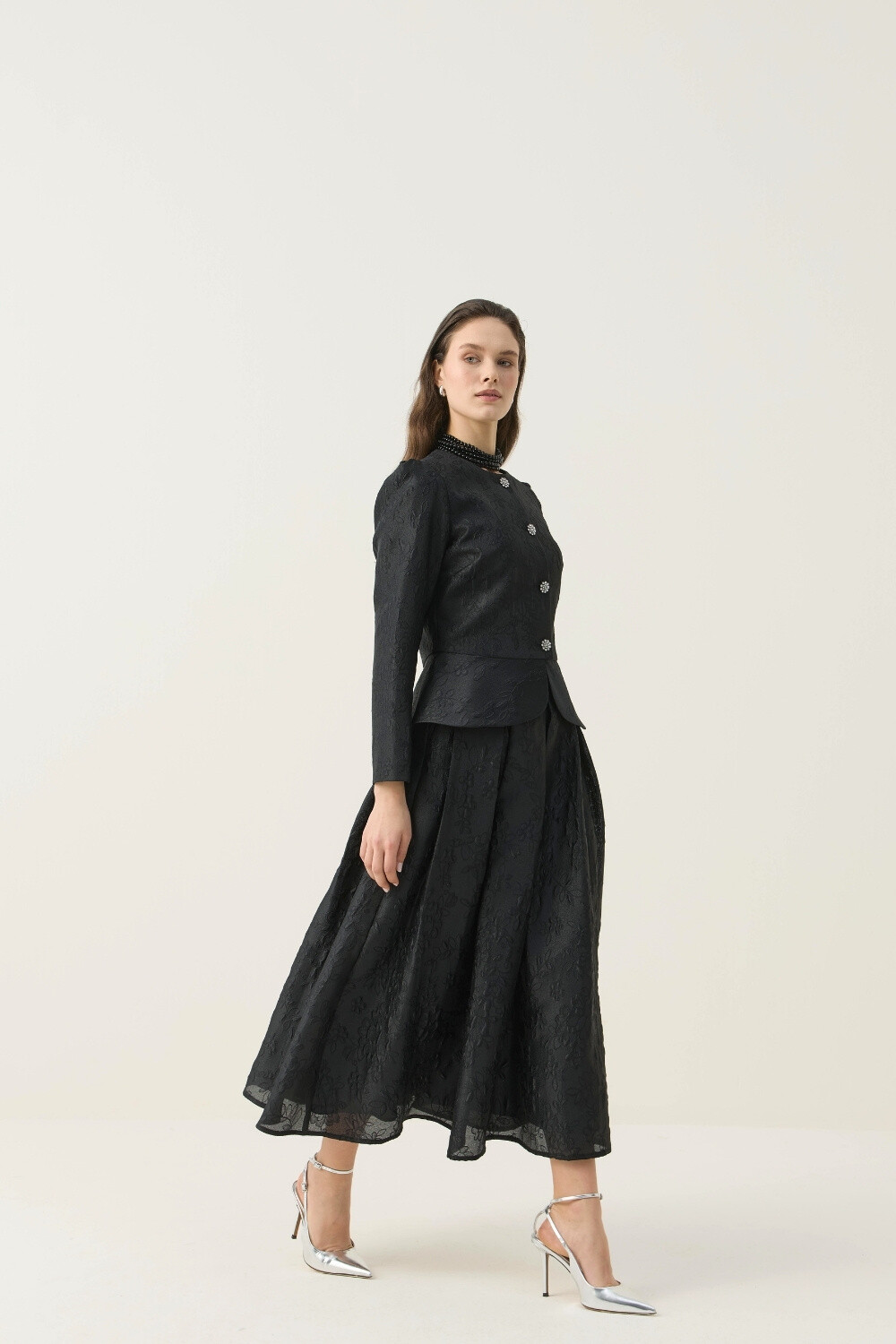 KRİSTAL DÜĞME DETAYLI JAKAR CEKET ETEK TAKIM SİYAH - 6