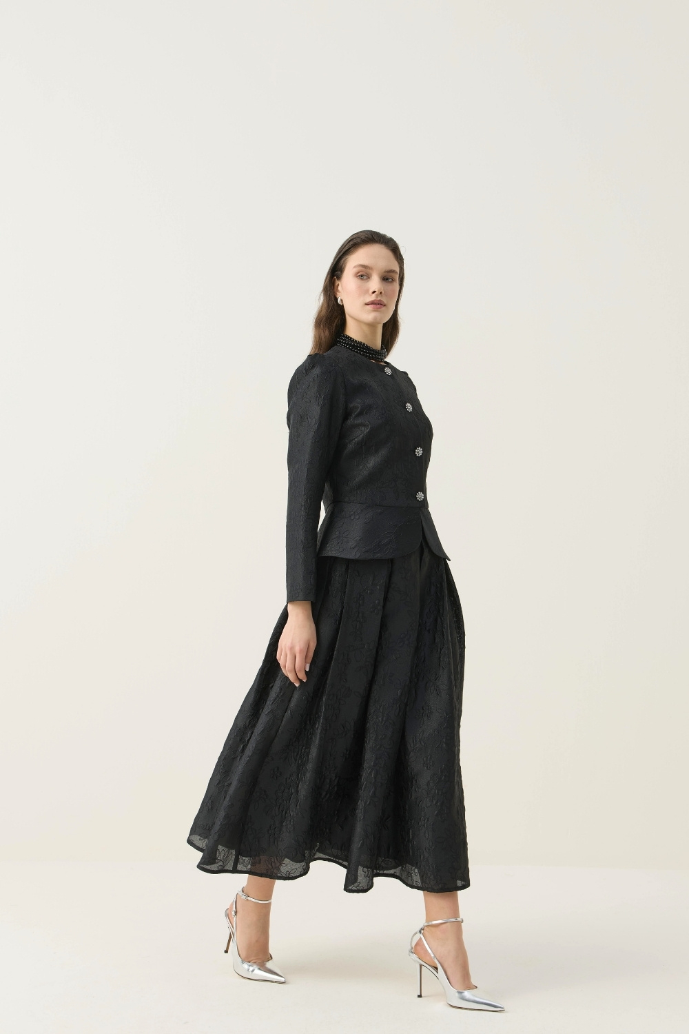 KRİSTAL DÜĞME DETAYLI JAKAR CEKET ETEK TAKIM SİYAH - 6