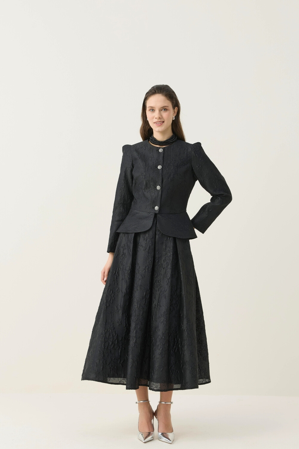 KRİSTAL DÜĞME DETAYLI JAKAR CEKET ETEK TAKIM SİYAH - 7