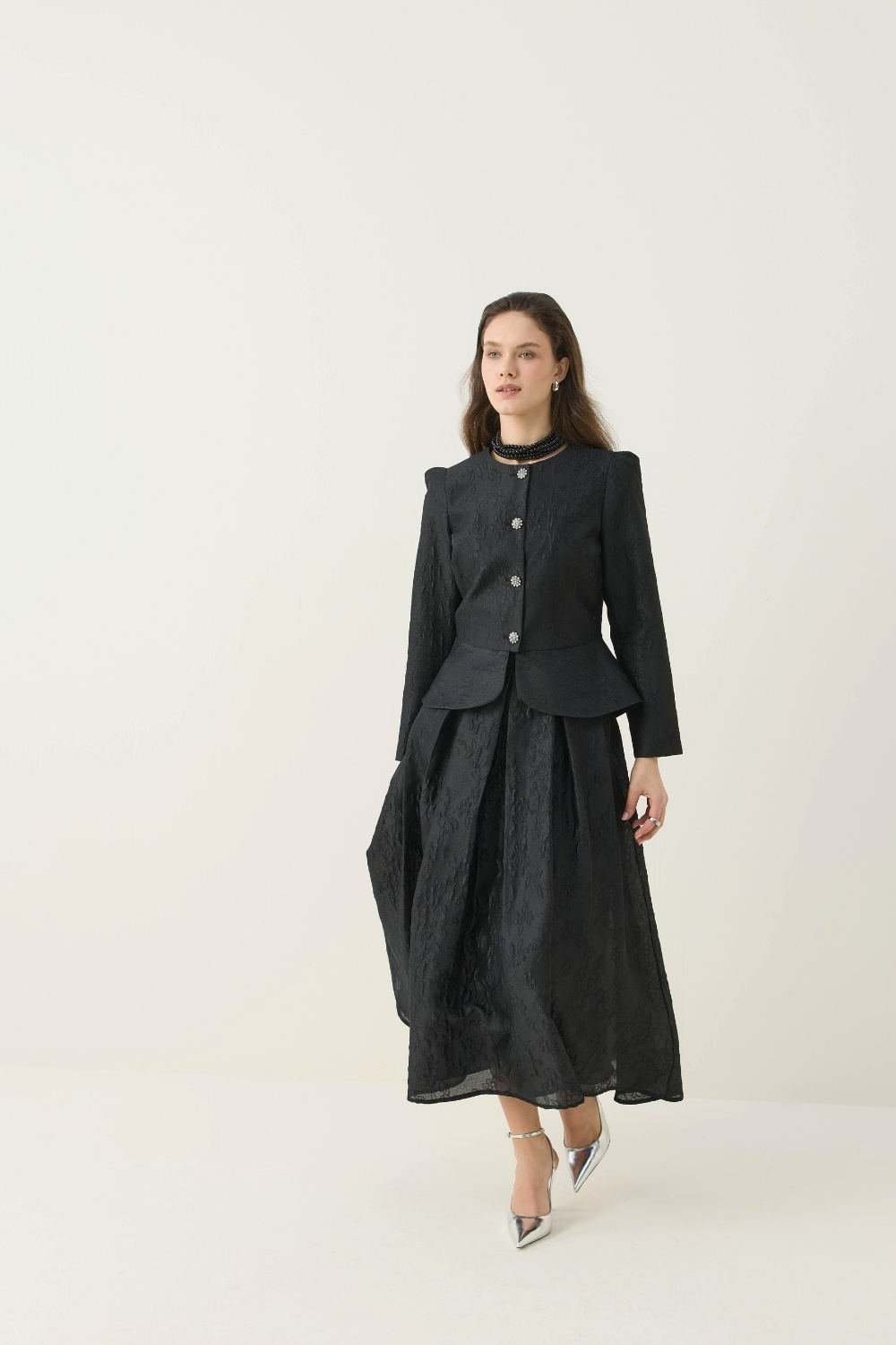 KRİSTAL DÜĞME DETAYLI JAKAR CEKET ETEK TAKIM SİYAH - 8