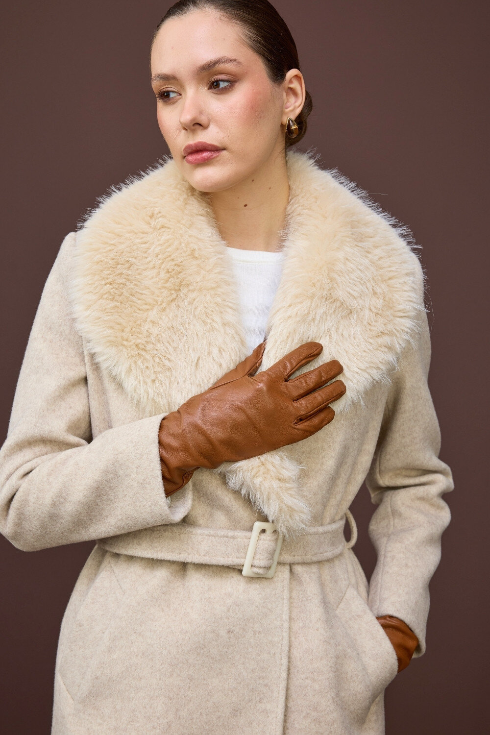 KÜRK YAKALI KABAN EKRU - 