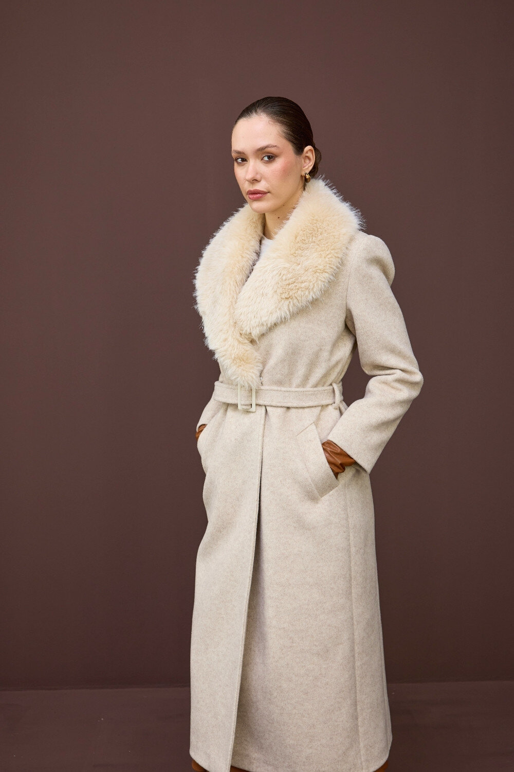 KÜRK YAKALI KABAN EKRU - 5