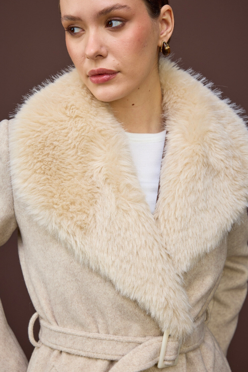 KÜRK YAKALI KABAN EKRU - 7