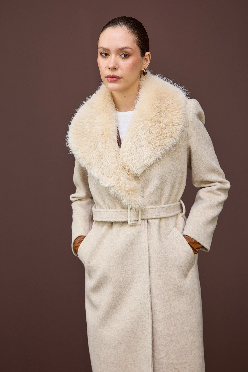 KÜRK YAKALI KABAN EKRU - 8