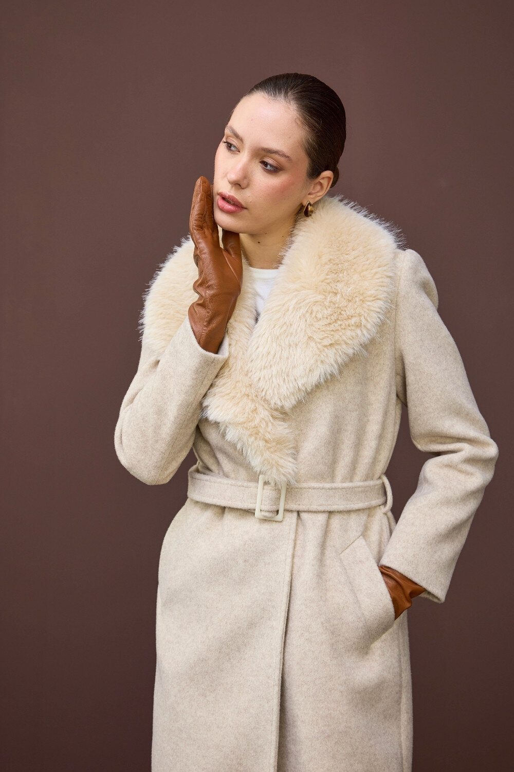 KÜRK YAKALI KABAN EKRU - 9