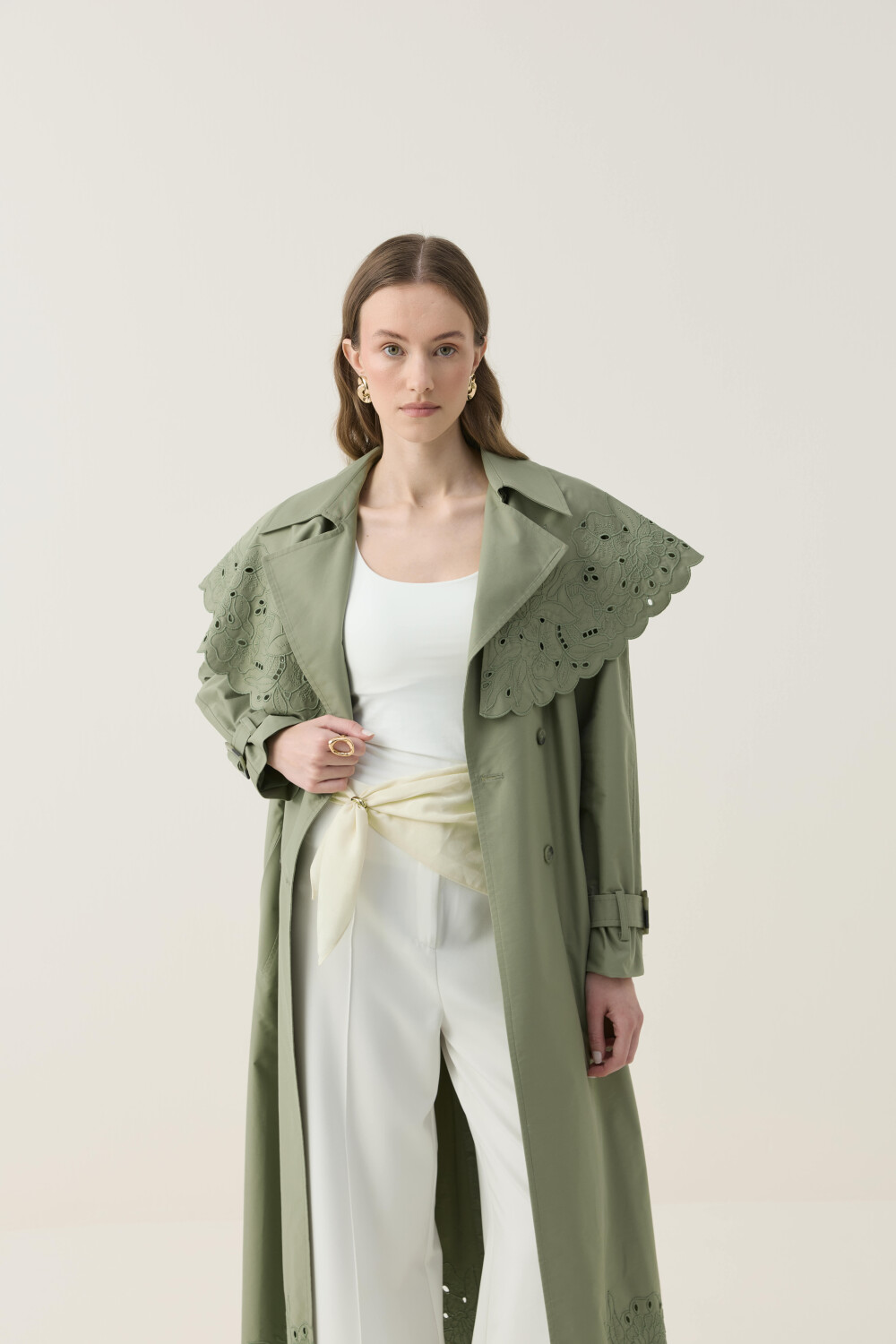 SEYYAR RÜZGARLIK DETAYLI NAKIŞLI TRENÇKOT HAKİ - 7