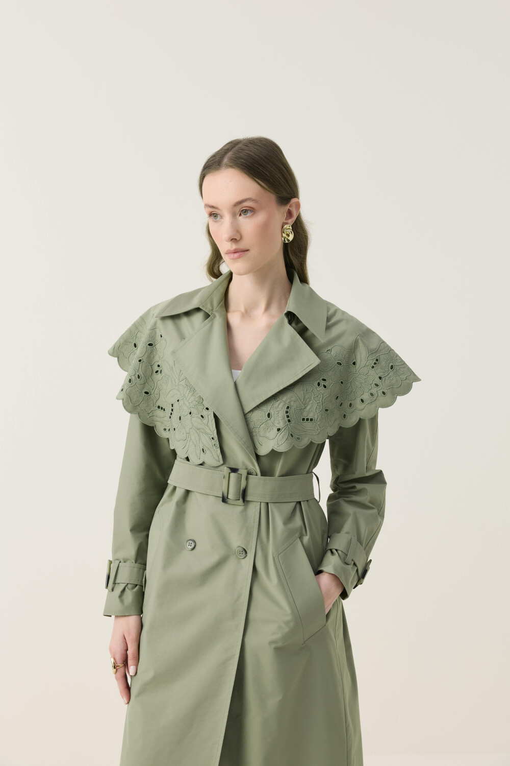 SEYYAR RÜZGARLIK DETAYLI NAKIŞLI TRENÇKOT HAKİ - 5