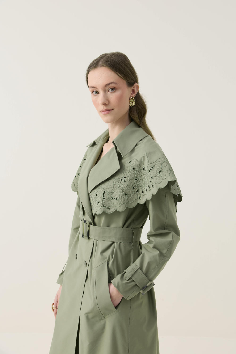 SEYYAR RÜZGARLIK DETAYLI NAKIŞLI TRENÇKOT HAKİ - 3