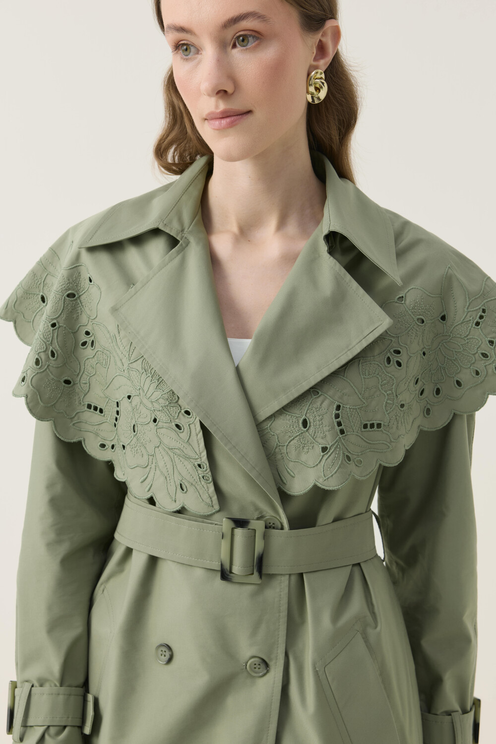 SEYYAR RÜZGARLIK DETAYLI NAKIŞLI TRENÇKOT HAKİ - 2