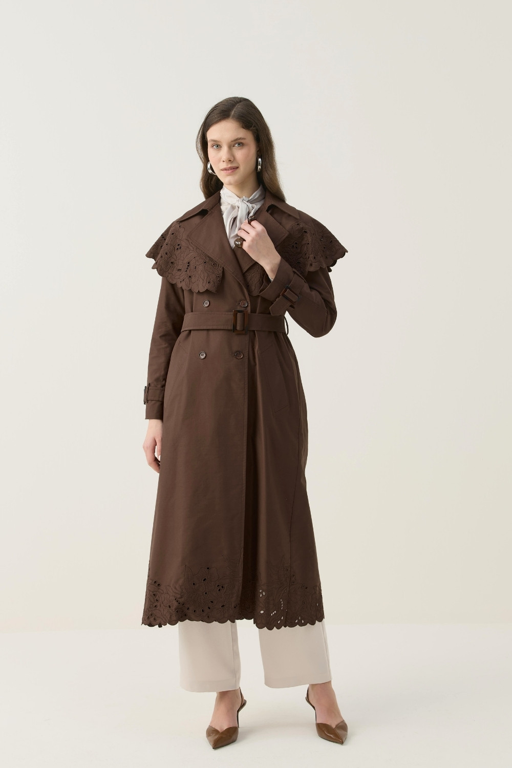 SEYYAR RÜZGARLIK DETAYLI NAKIŞLI TRENÇKOT KAHVE - 3