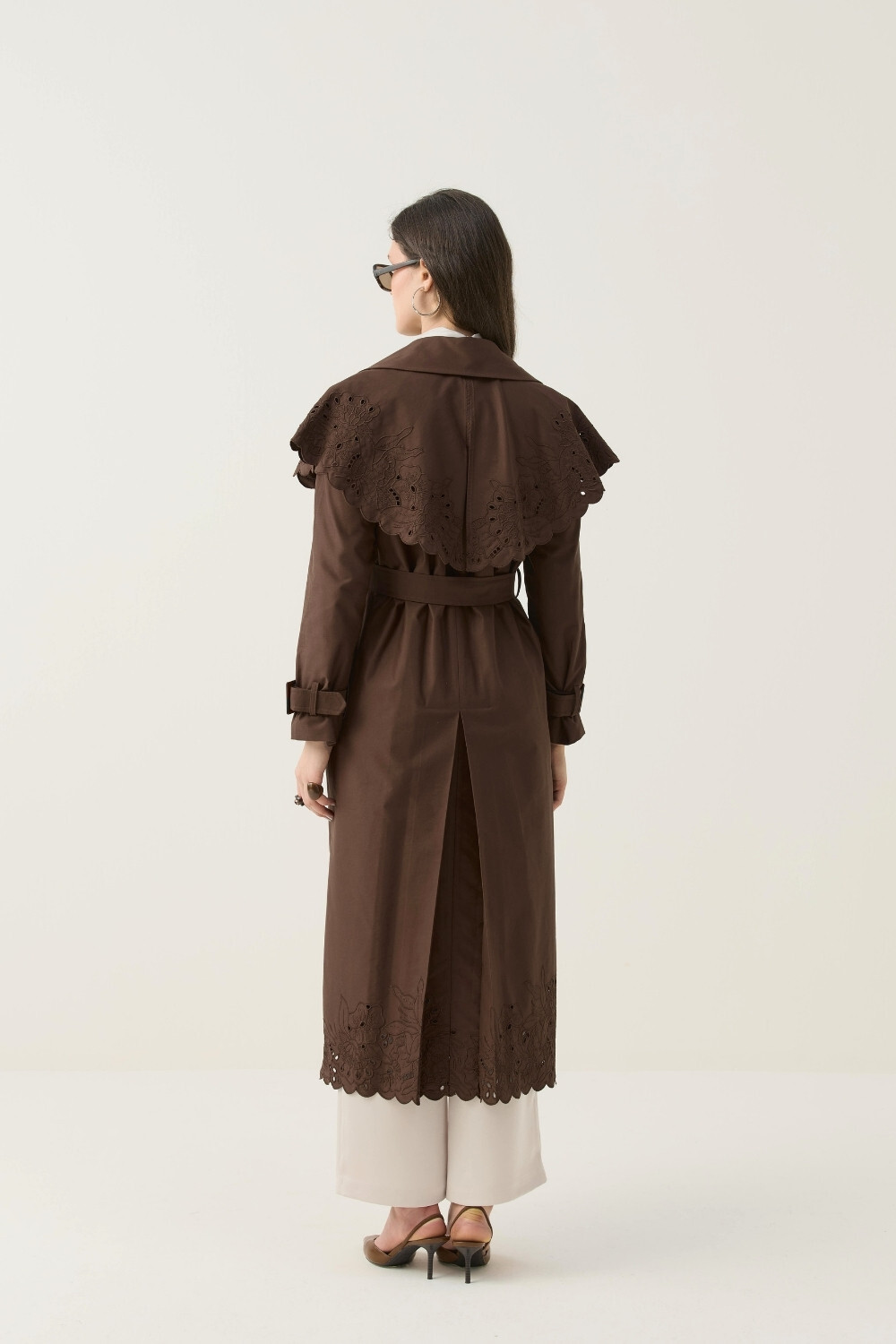 SEYYAR RÜZGARLIK DETAYLI NAKIŞLI TRENÇKOT KAHVE - 5
