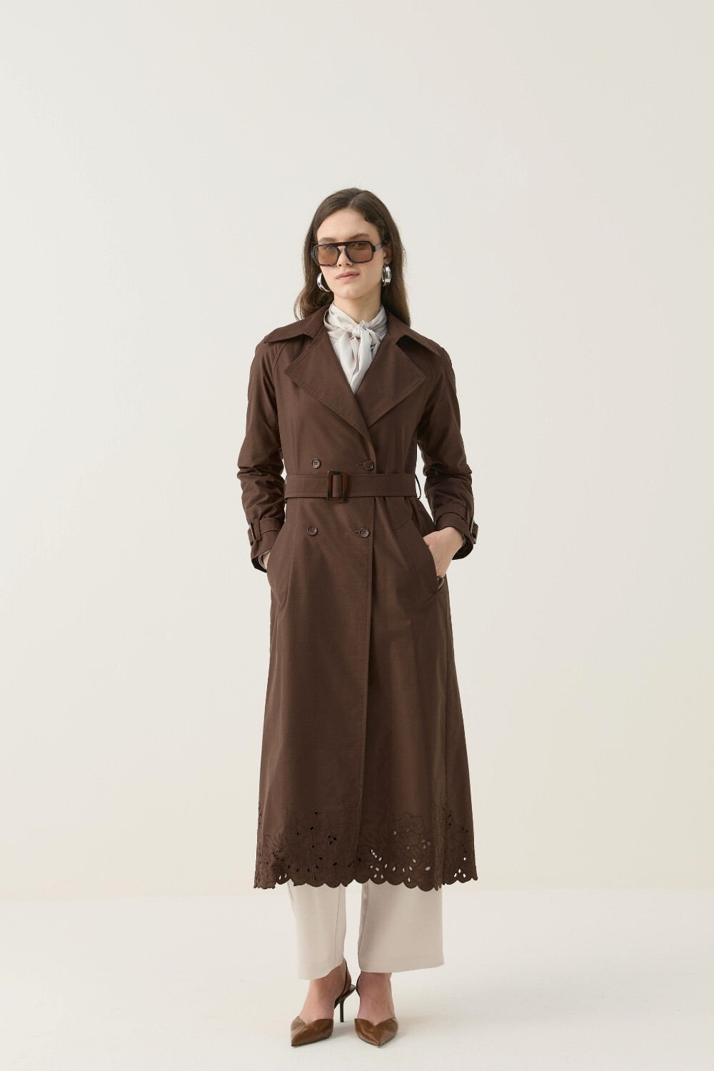 SEYYAR RÜZGARLIK DETAYLI NAKIŞLI TRENÇKOT KAHVE - 6