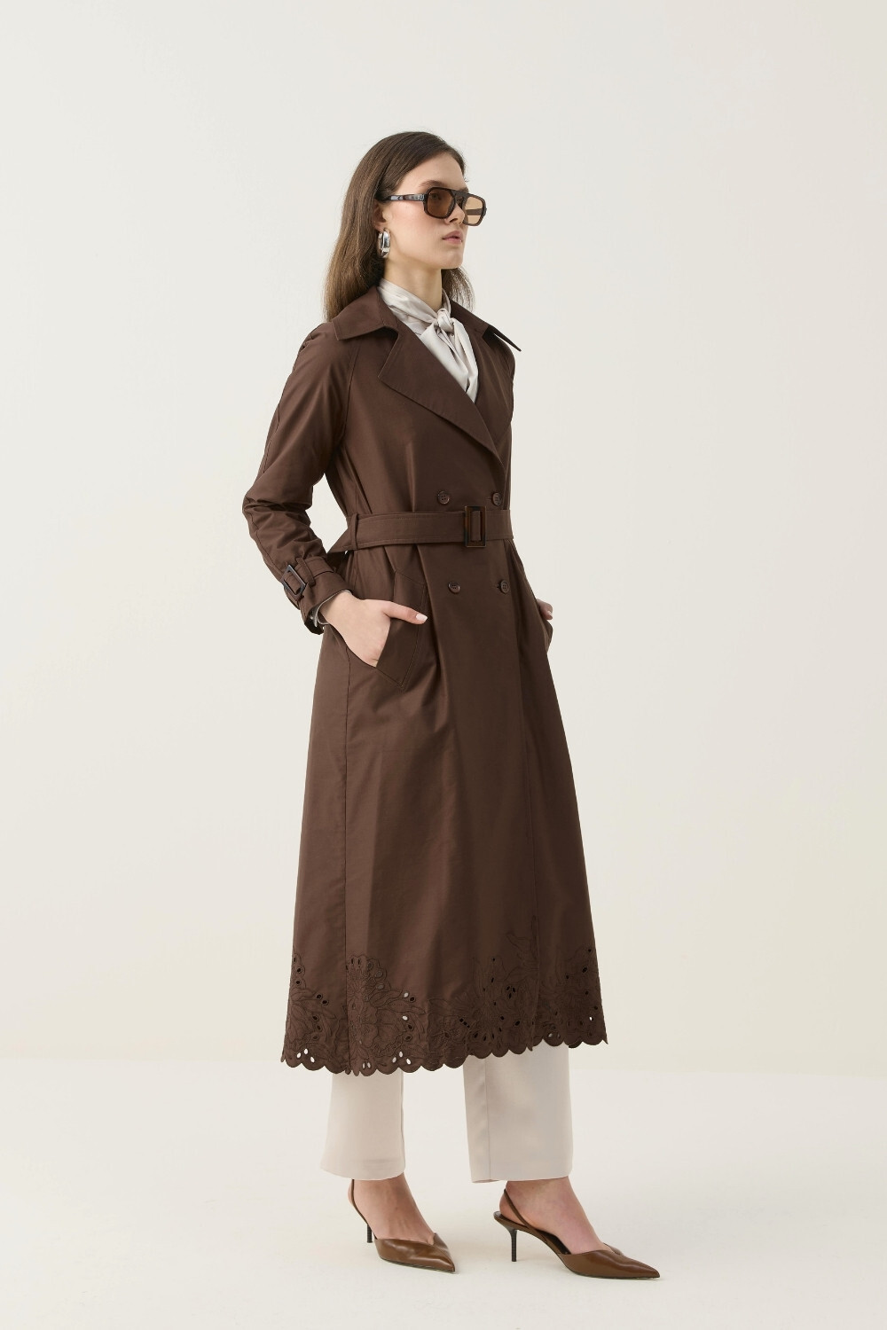 SEYYAR RÜZGARLIK DETAYLI NAKIŞLI TRENÇKOT KAHVE - 7