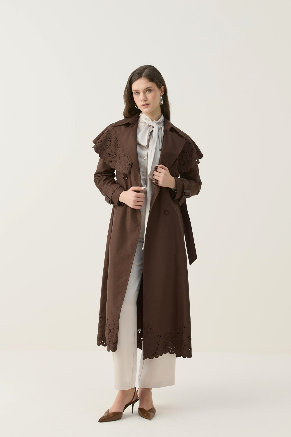 SEYYAR RÜZGARLIK DETAYLI NAKIŞLI TRENÇKOT KAHVE - 8