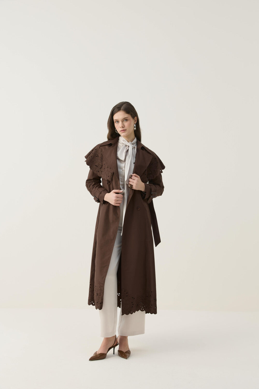 SEYYAR RÜZGARLIK DETAYLI NAKIŞLI TRENÇKOT KAHVE - 9