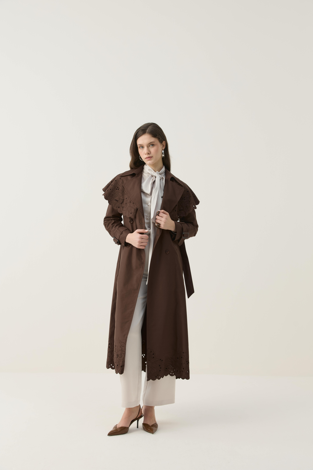 SEYYAR RÜZGARLIK DETAYLI NAKIŞLI TRENÇKOT KAHVE - 9