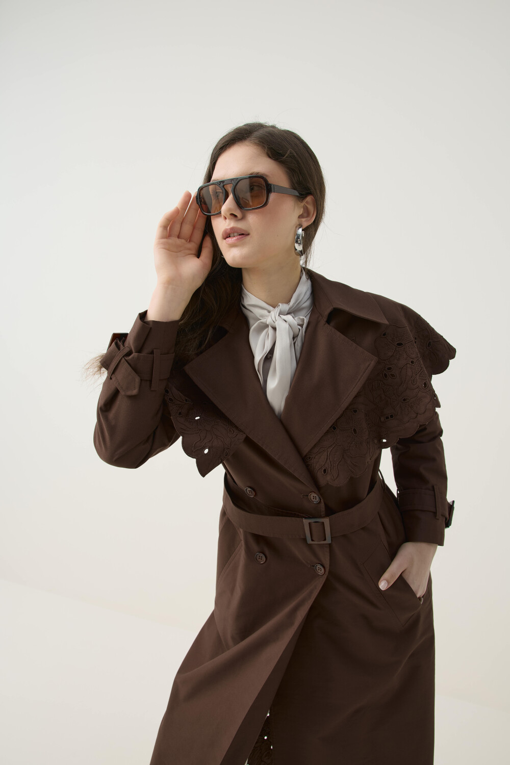 SEYYAR RÜZGARLIK DETAYLI NAKIŞLI TRENÇKOT KAHVE - 10