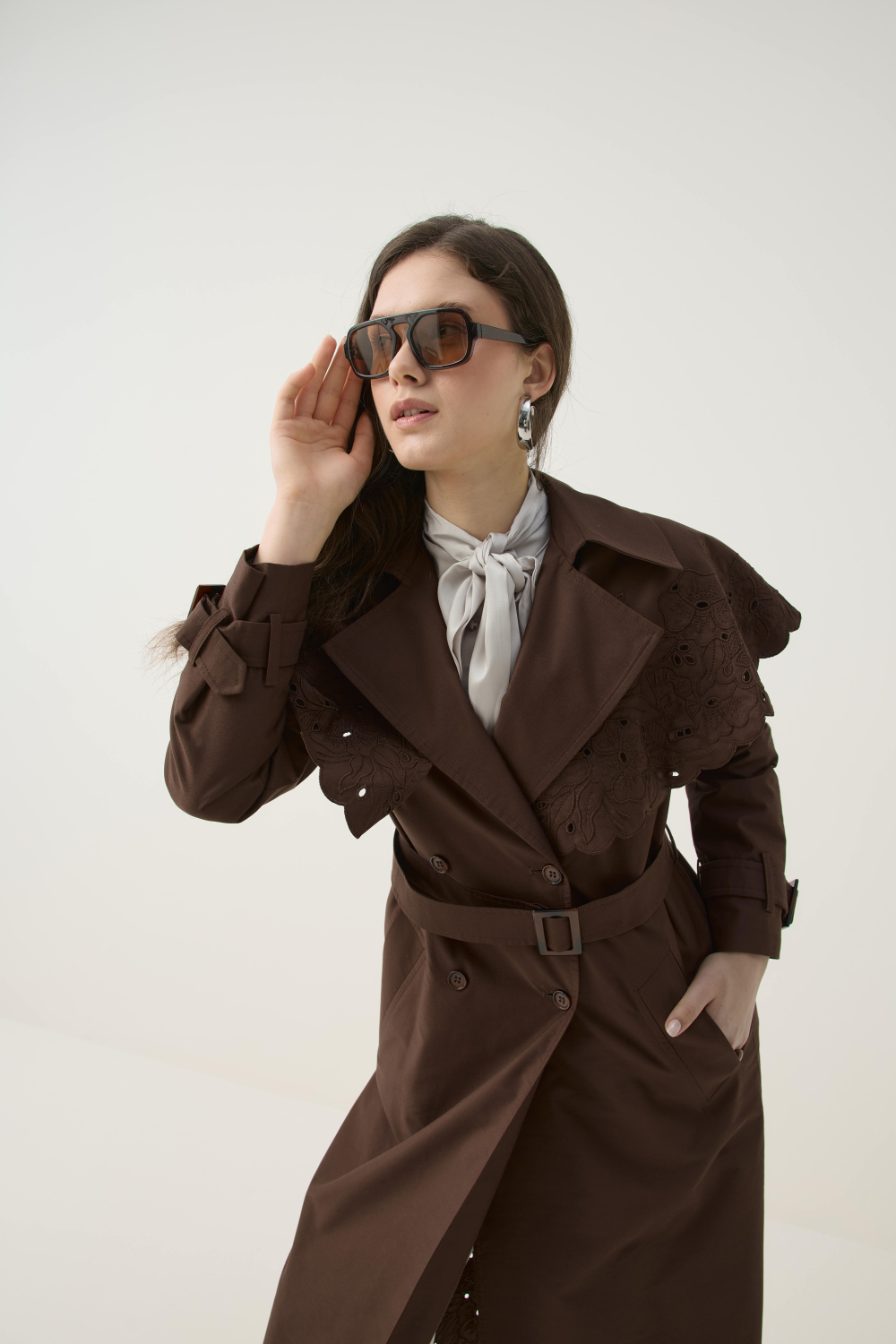 SEYYAR RÜZGARLIK DETAYLI NAKIŞLI TRENÇKOT KAHVE - 10