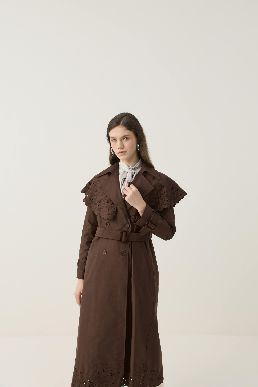 SEYYAR RÜZGARLIK DETAYLI NAKIŞLI TRENÇKOT KAHVE - 12