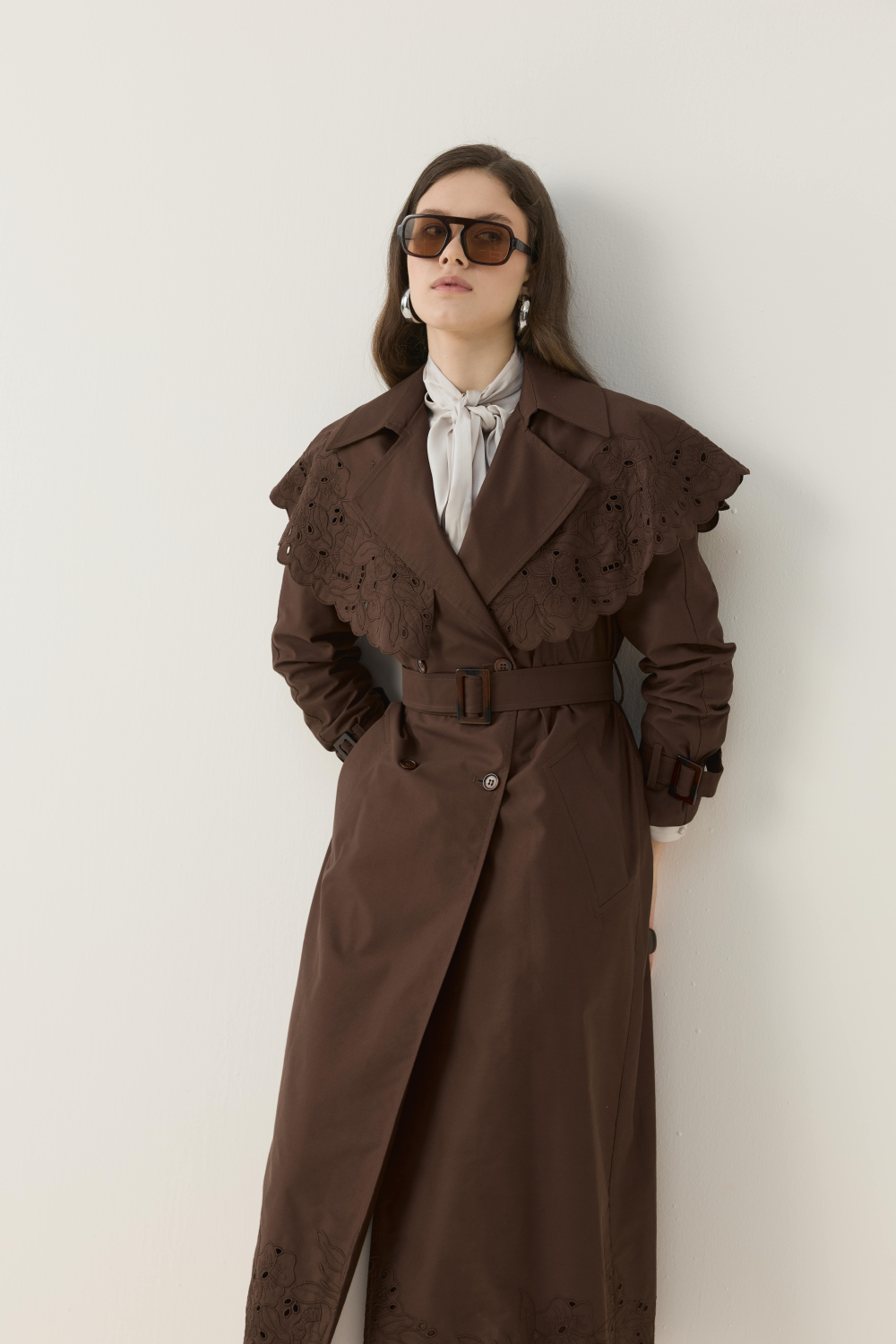 SEYYAR RÜZGARLIK DETAYLI NAKIŞLI TRENÇKOT KAHVE - 1