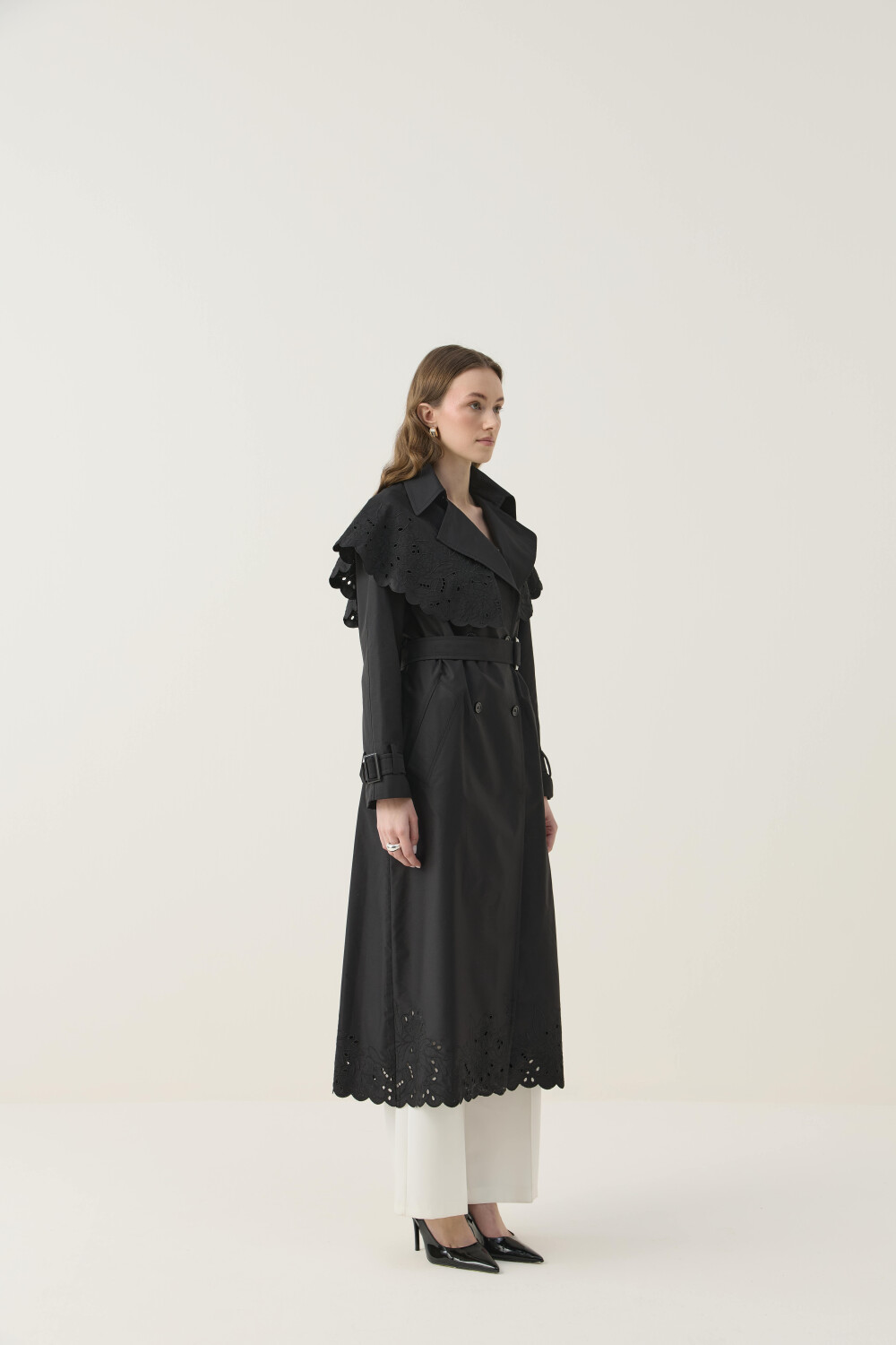 SEYYAR RÜZGARLIK DETAYLI NAKIŞLI TRENÇKOT SİYAH - 5