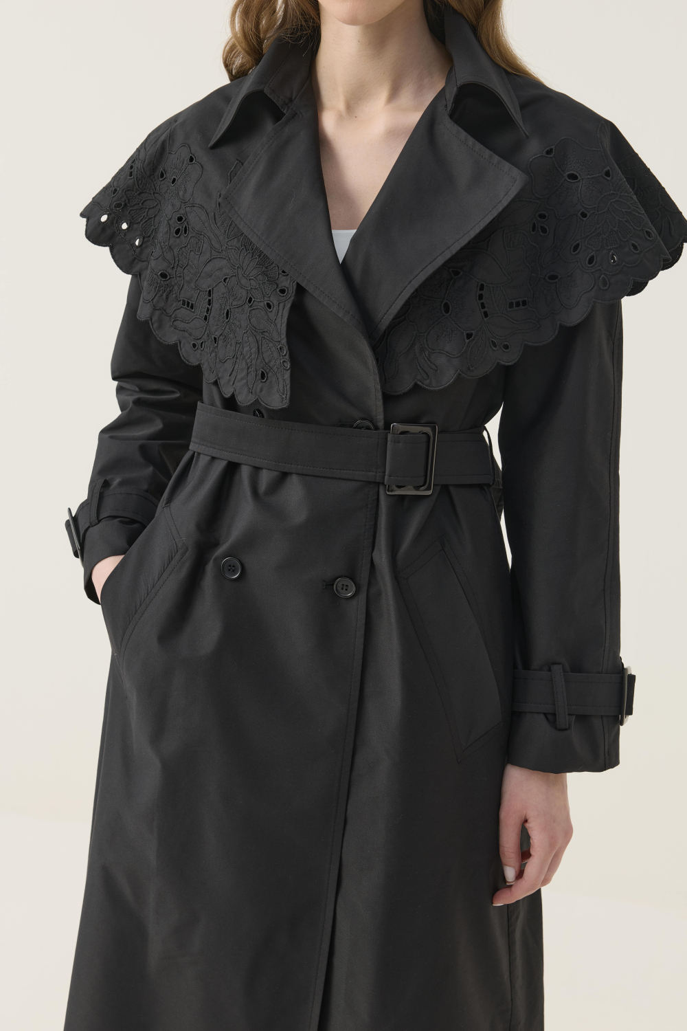 SEYYAR RÜZGARLIK DETAYLI NAKIŞLI TRENÇKOT SİYAH - 6