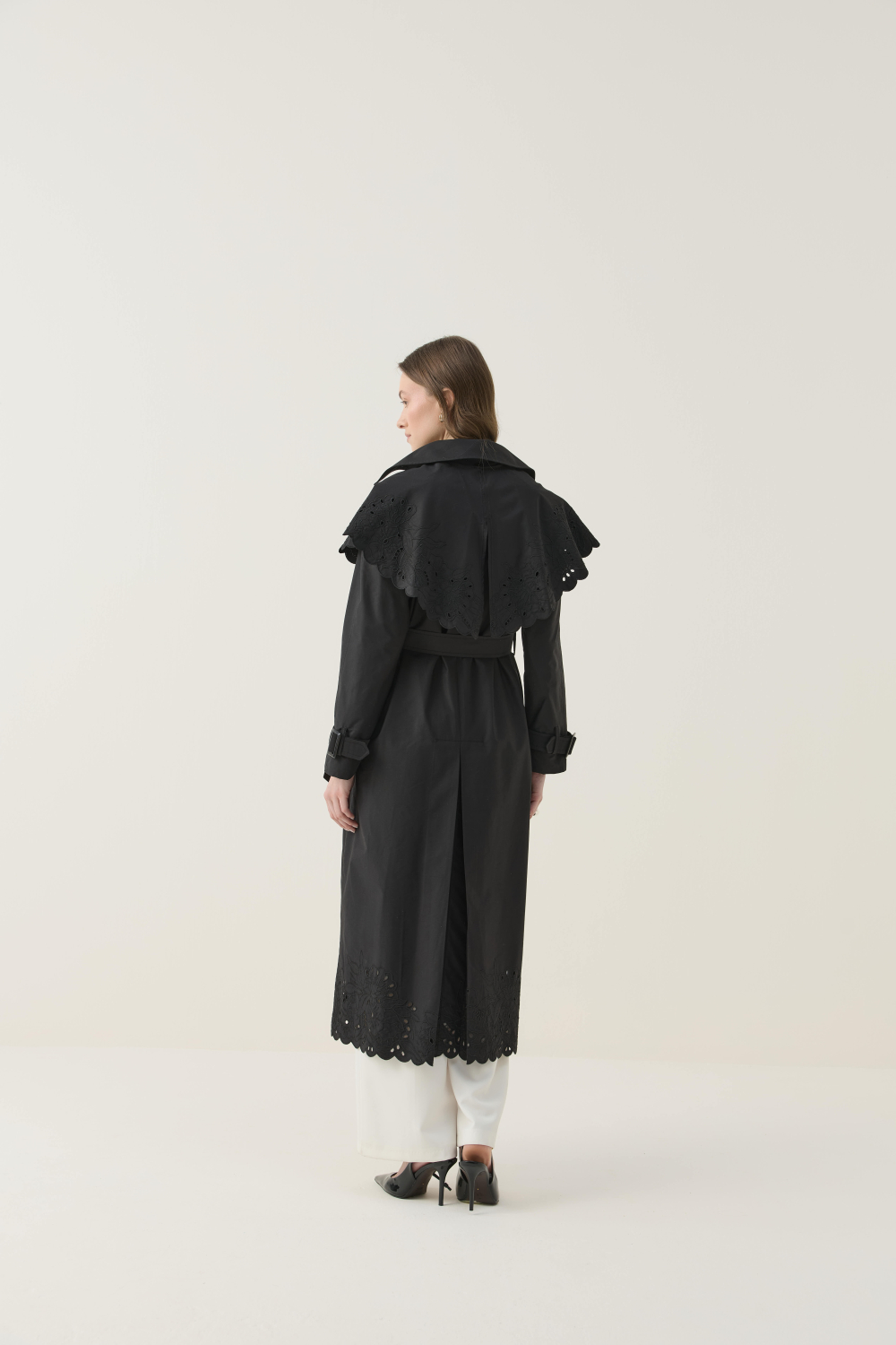 SEYYAR RÜZGARLIK DETAYLI NAKIŞLI TRENÇKOT SİYAH - 8