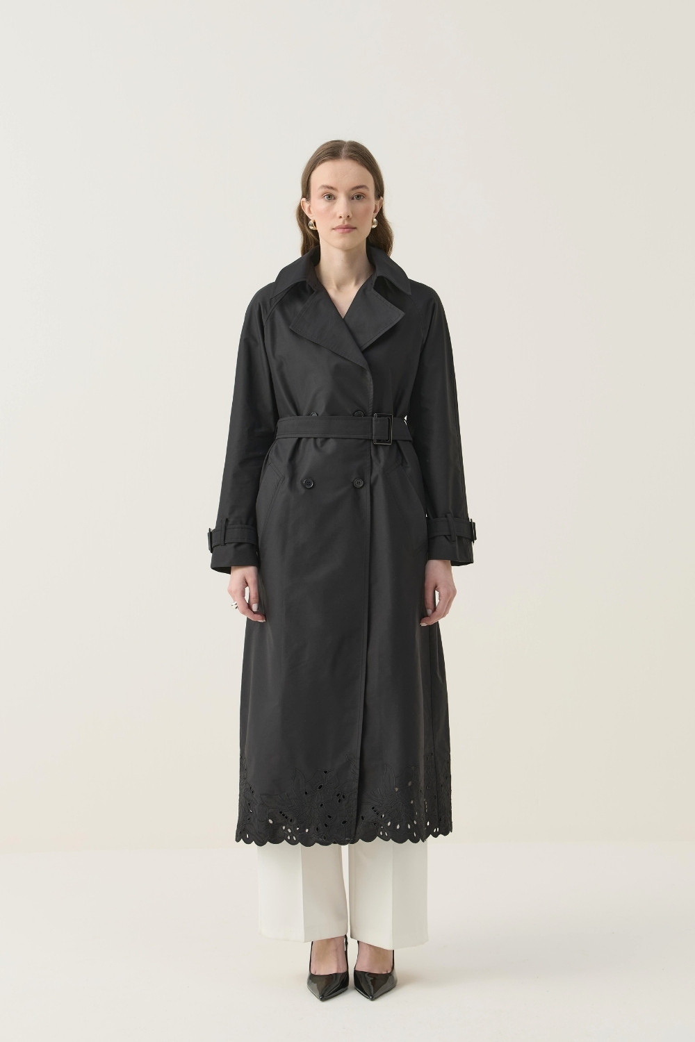 SEYYAR RÜZGARLIK DETAYLI NAKIŞLI TRENÇKOT SİYAH - 10