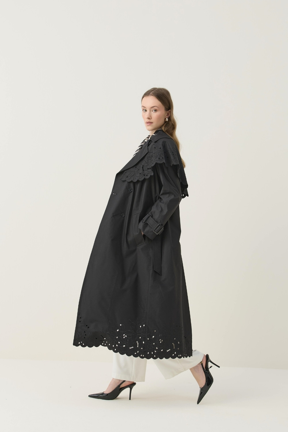 SEYYAR RÜZGARLIK DETAYLI NAKIŞLI TRENÇKOT SİYAH - 3