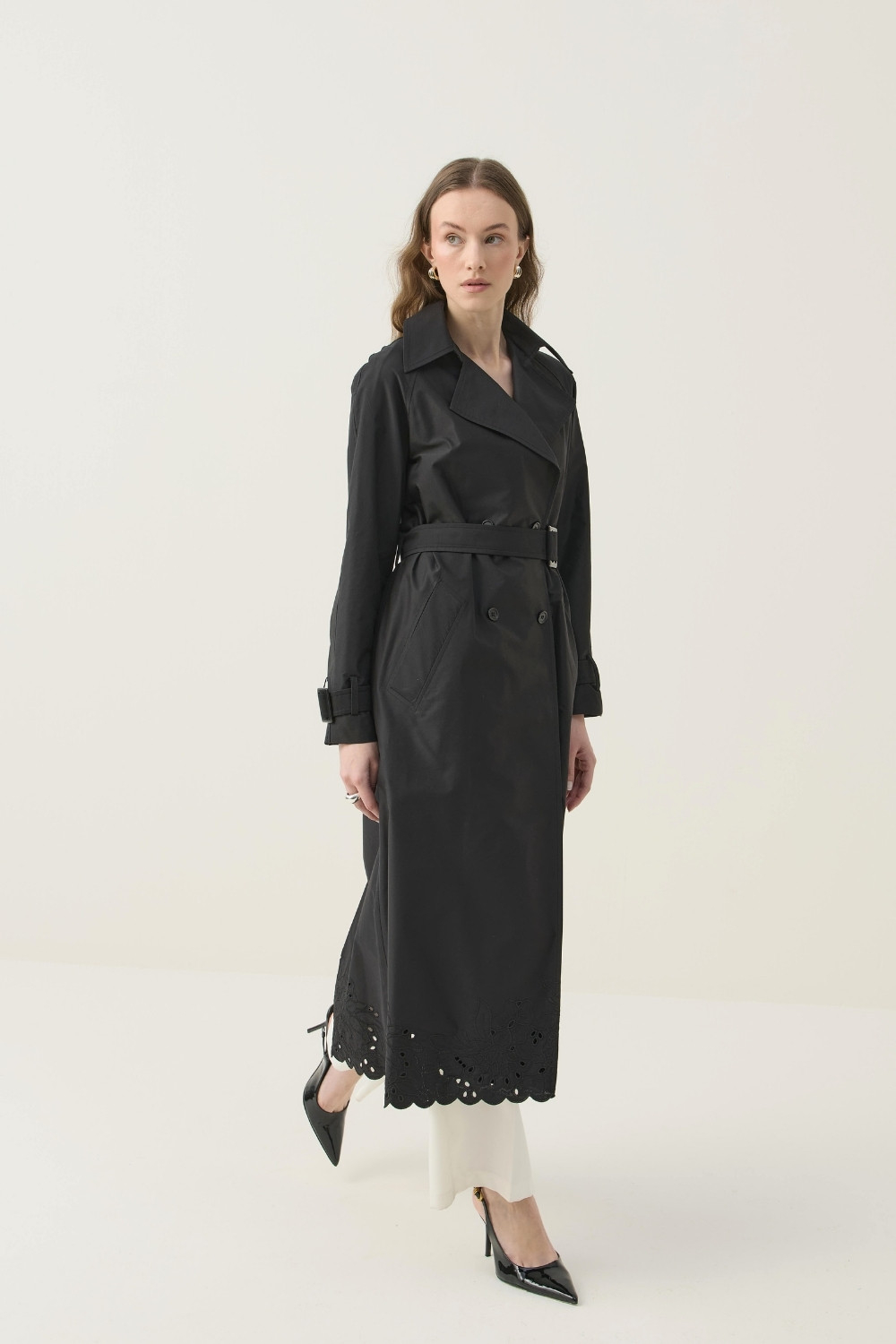 SEYYAR RÜZGARLIK DETAYLI NAKIŞLI TRENÇKOT SİYAH - 11